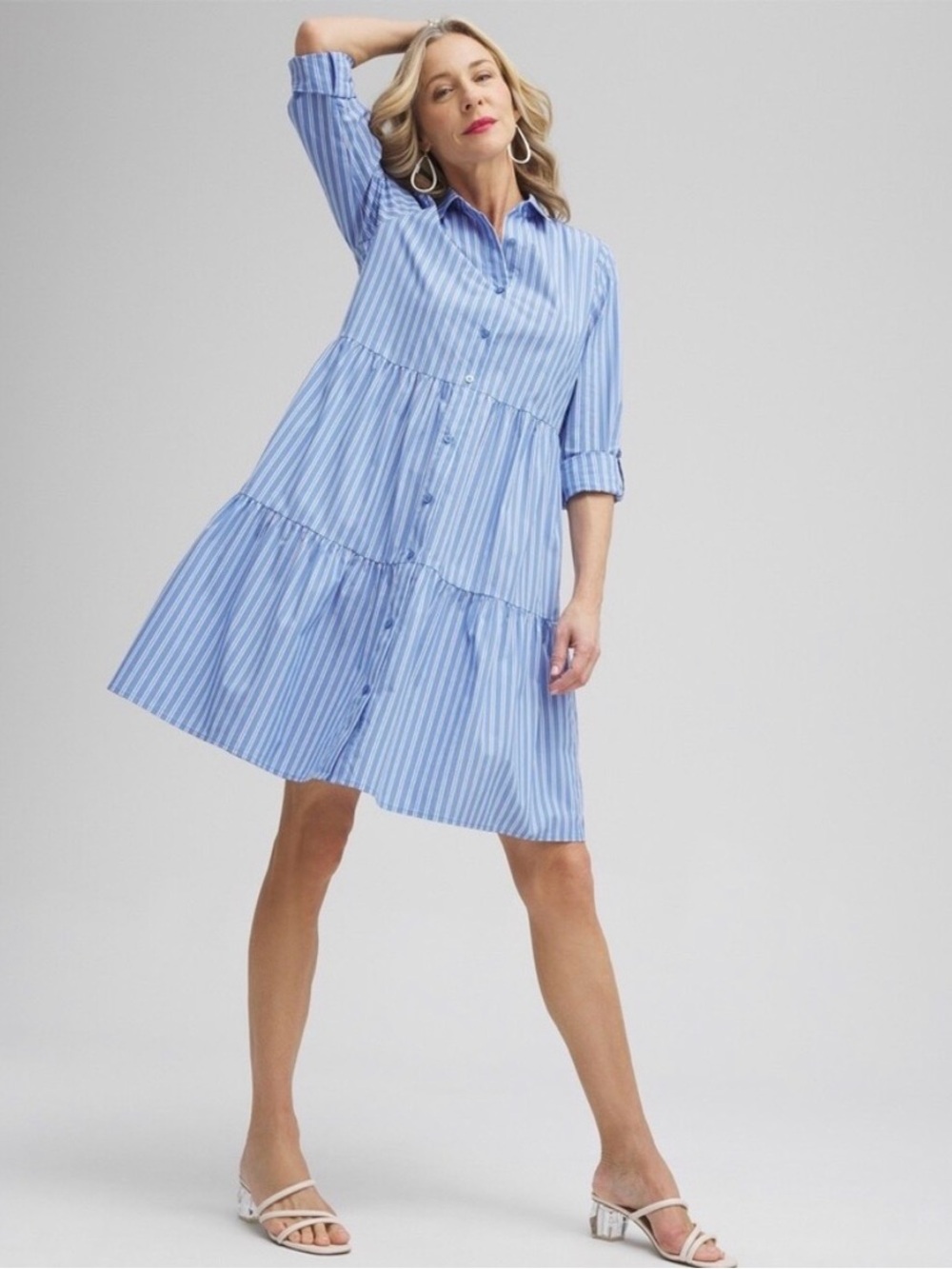 Chicos Stripe Tiered Shirt Dress